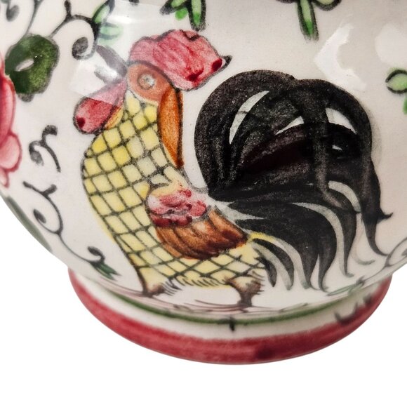 Vintage Early Provincial Hand Painted Ceramic Creamer Pitcher Roosters Roses - Picture 9 of 10